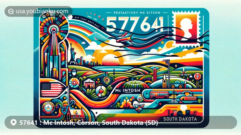 Modern illustration of Mc Intosh, Corson County, South Dakota, showcasing postal theme with ZIP code 57641, featuring iconic landmarks and cultural symbols.