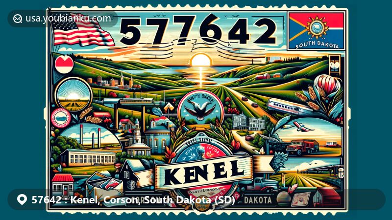 Modern illustration of Kenel, Corson, South Dakota, highlighting postal theme with ZIP code 57642, featuring South Dakota state flag and Corson County outline.