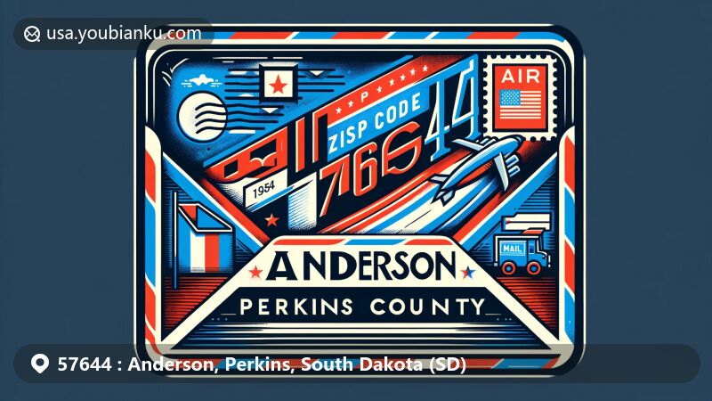 Modern illustration of Anderson, Perkins County, South Dakota, showcasing postal theme with ZIP code 57644, featuring South Dakota state flag, Perkins County outline, and iconic landmark imagery.