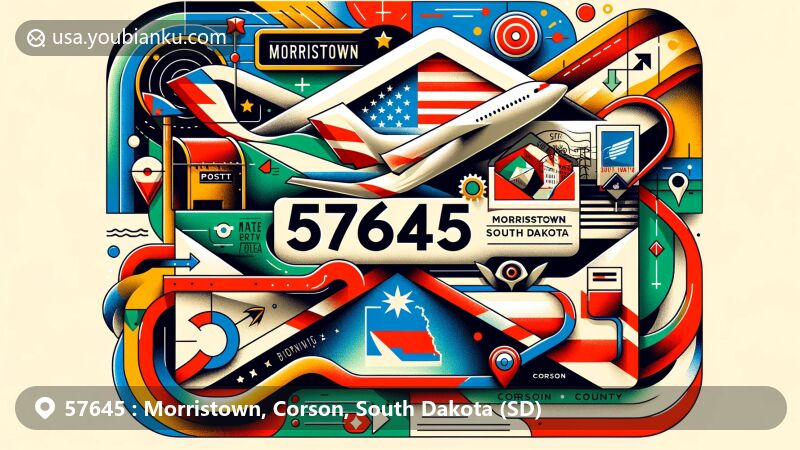 Modern illustration of Morristown, Corson County, South Dakota, with airmail envelope showcasing ZIP code 57645, featuring South Dakota flag and county map outline.