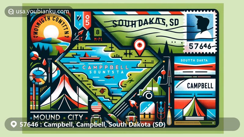 Modern illustration of Campbell, Campbell, South Dakota, showcasing postal theme with ZIP code 57646, featuring Mound City map outline, Lake Campbell, camping, fishing, hunting elements, and South Dakota postal symbols.