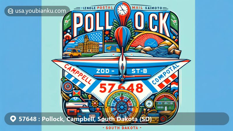 Modern illustration of Pollock, Campbell, South Dakota, with ZIP code 57648, featuring air mail envelope and iconic symbols of the region.