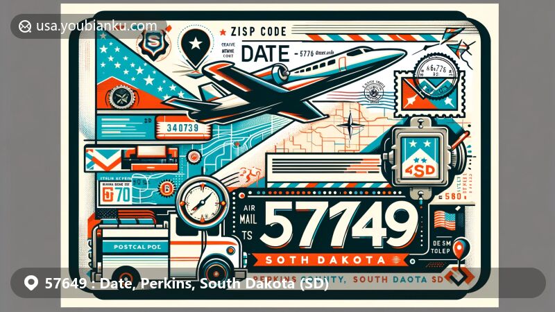 Modern illustration of Date, Perkins County, South Dakota, showcasing postal theme with ZIP code 57649, featuring airmail and postcard elements, state symbols, vintage postage stamp, postmark, and postal truck.