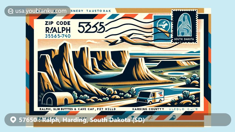 Modern illustration of Ralph, Harding County, South Dakota, showcasing postal theme with ZIP code 57650, featuring Slim Buttes and Cave Hills landscapes with cave-like entrances and petroglyphs, incorporating South Dakota state flag.