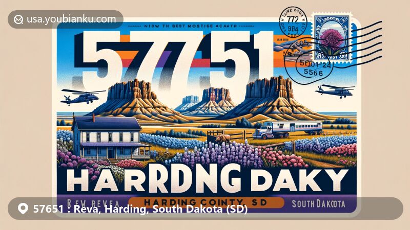 Modern illustration of Reva, Harding County, South Dakota, portraying ZIP code 57651 in an air mail envelope format, featuring Slim Buttes, Axel Johnson Ranch, and scenic views with wildflowers.