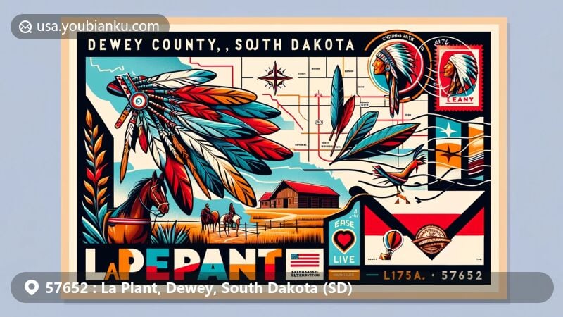 Modern illustration of La Plant, Dewey County, South Dakota, depicting ZIP code 57652 and Cheyenne River Indian Reservation cultural elements, styled as a postcard with map outline.
