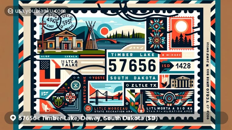 Creative illustration of Timber Lake, South Dakota, with ZIP code 57656, in the form of a postcard highlighting local history museum and Little Moreau State Recreation Area.