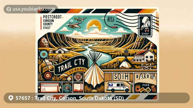 Modern illustration of Trail City, Corson County, South Dakota, representing ZIP code 57657, showcasing the semi-arid rolling hills of Standing Rock Indian Reservation and the significant Grand River. Includes elements of Lakota culture and postal theme.