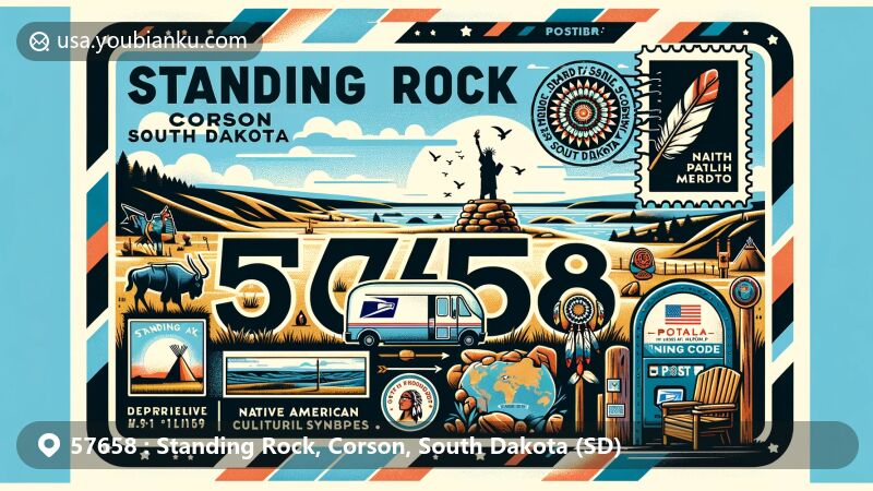 Artistic illustration of Standing Rock, Corson, South Dakota, with ZIP code 57658, featuring reservation landscapes, Native American symbols, wildlife, postal elements, and vibrant colors.