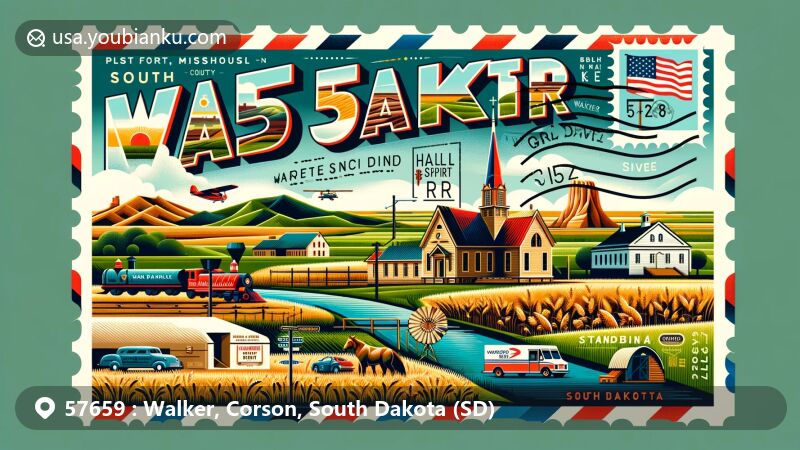 Artistic illustration representing Walker, Corson County, South Dakota, with ZIP code 57659, blending postal theme with state flag, prairies, historical landmarks (Fort Manuel, Grand River Stage Station, Harding Schoolhouse, Holy Spirit Chapel, Sitting Bull Monument), and natural landscapes (Missouri River, Grand River, Standing Rock Reservation).