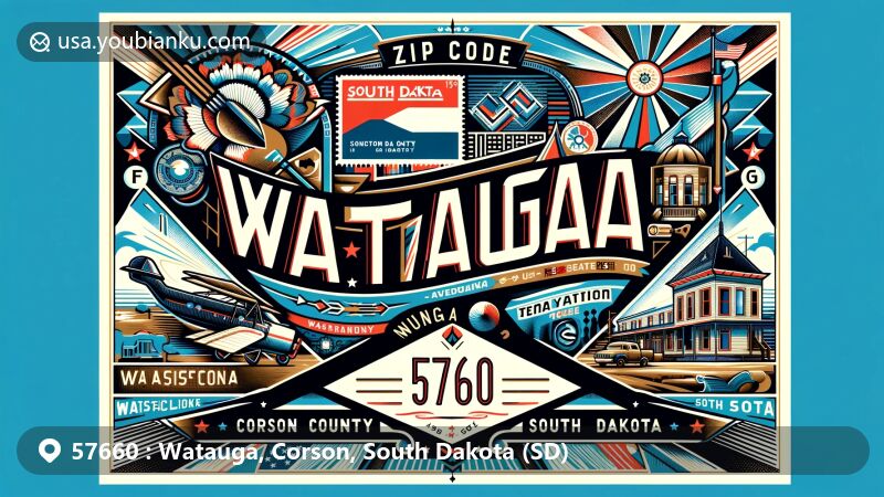 Creative illustration of Watauga, Corson County, South Dakota, featuring vintage airmail envelope with ZIP code 57660, showcasing landmarks and symbols like South Dakota state flag and Sioux language symbol for 'foam'.