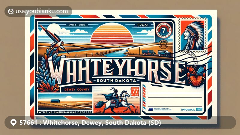 Modern illustration of Whitehorse, Dewey County, South Dakota, reflecting ZIP code 57661, featuring rural landscape, Native American heritage, and vintage airmail theme.