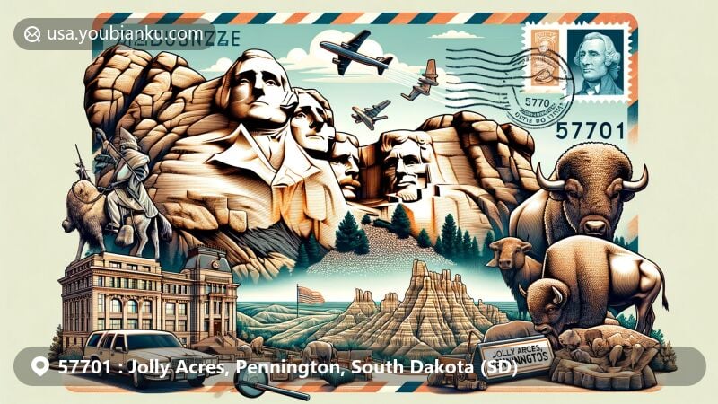 Modern illustration of Jolly Acres, Pennington County, South Dakota, depicting iconic Mount Rushmore, U.S. president statue, buffalo sculptures, Tatanka buffalo jump, and Badlands National Park canyons and wildlife.
