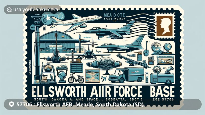 Modern illustration of Ellsworth Air Force Base, Meade County, South Dakota, showcasing postal theme with ZIP code 57706, featuring South Dakota Air and Space Museum, military aircraft, and historical artifacts.