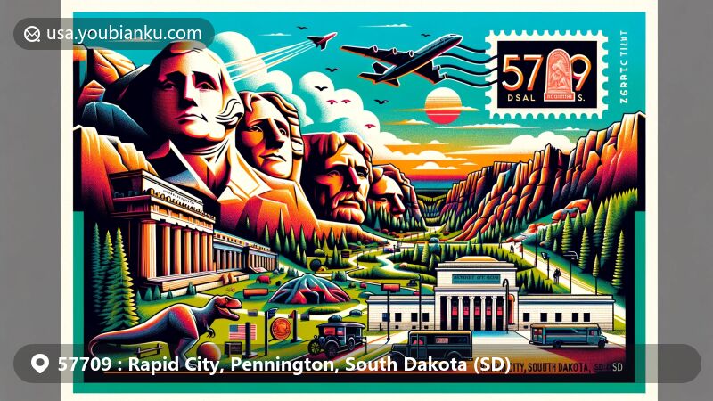 Modern illustration of Rapid City, Pennington County, South Dakota, with Mount Rushmore, Dinosaur Park, and Badlands National Park, featuring Jewel Cave National Monument and vintage postal elements.