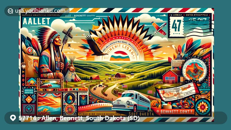 Modern illustration of Allen, Bennett County, South Dakota, featuring Pine Ridge Indian Reservation and North American pole of inaccessibility, with vibrant Oglala Lakota Sioux heritage elements.