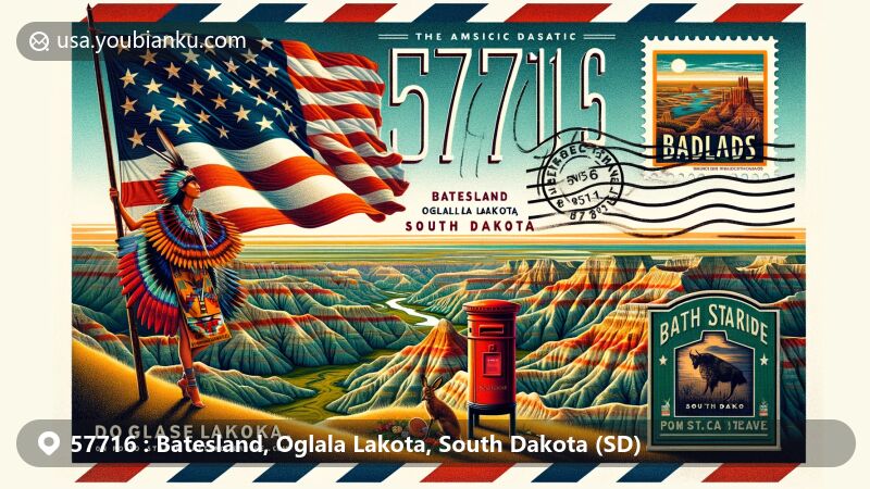 Modern illustration of Batesland, Oglala Lakota, South Dakota, showcasing postal theme with ZIP code 57716, featuring the South Dakota state flag and Oglala Lakota powwow dancer in the backdrop of Badlands National Park.