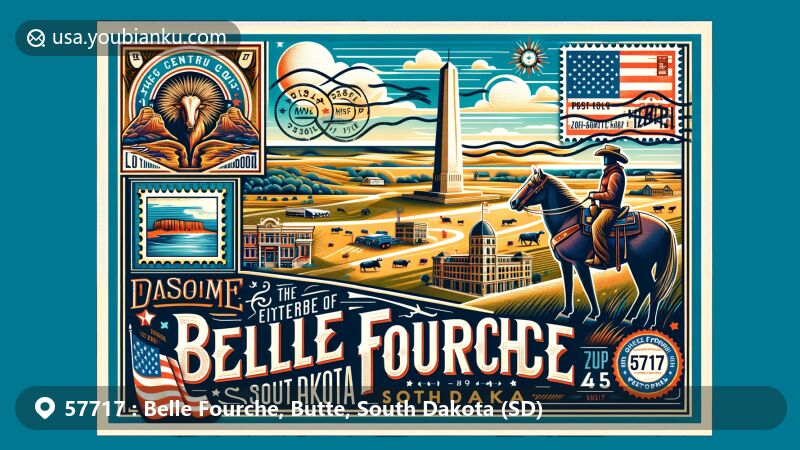 Modern illustration of Belle Fourche, South Dakota, highlighting ZIP code 57717, blending western cowboy culture and symbolic landmarks, featuring agricultural and livestock themes.