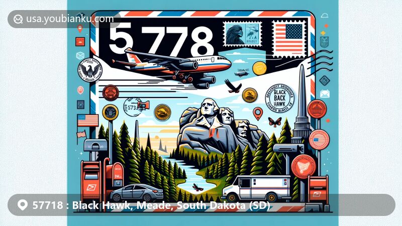 Modern illustration of Black Hawk, Meade, South Dakota, showcasing postal theme with ZIP code 57718, featuring airmail envelope, stamps, postmarks, mailboxes, and mail trucks, alongside Black Hills National Forest, Mount Rushmore National Memorial, and Crazy Horse Memorial.