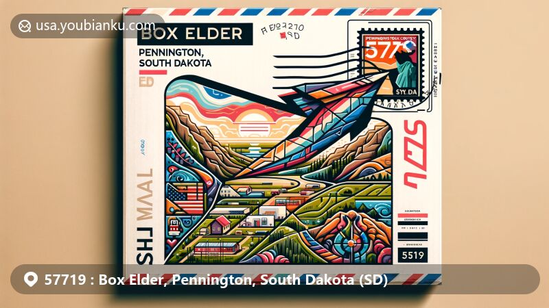 Modern illustration of Box Elder, Pennington County, South Dakota, showcasing postal theme with ZIP code 57719, featuring iconic landmarks and South Dakota state symbols.