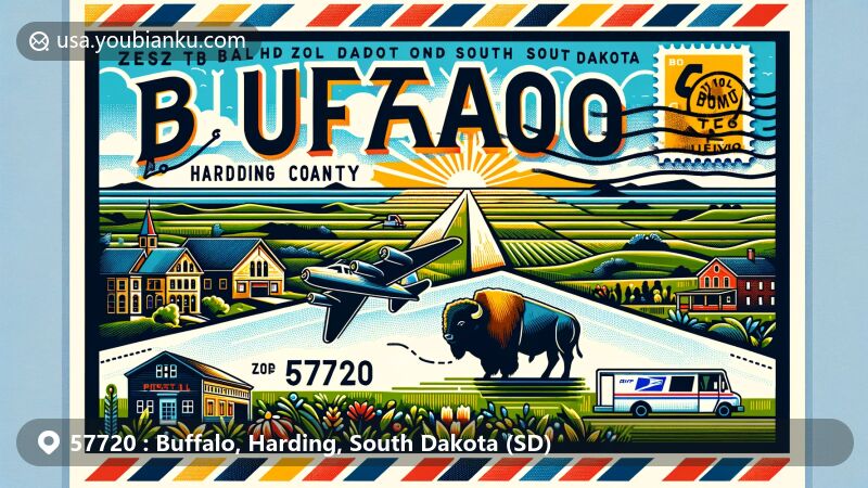 Modern illustration of Buffalo, Harding County, South Dakota, featuring a postcard or airmail envelope with rural plains, landmarks, and historical sites, incorporating elements of South Dakota and postal theme with ZIP code 57720.