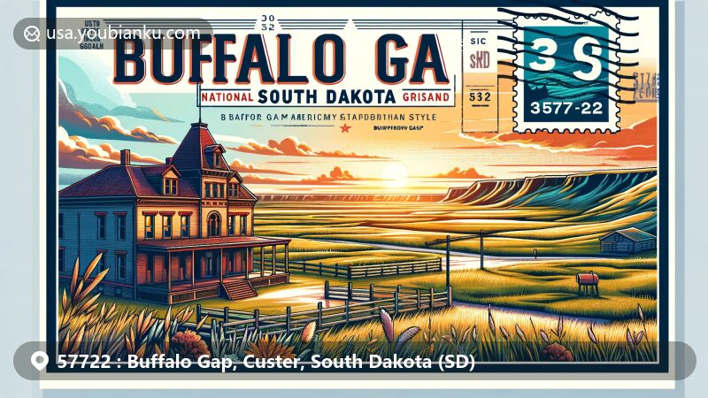Modern illustration of Buffalo Gap National Grassland, South Dakota, displaying the enchanting sunset and historic architecture of Buffalo Gap. Features ZIP code 57722 and postal elements.