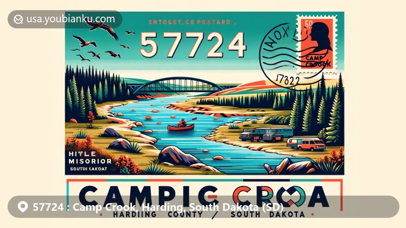 Modern illustration of Camp Crook, Harding County, South Dakota, featuring Little Missouri River, Custer National Forest, and postal theme with postage stamp, postmark, and ZIP code 57724.