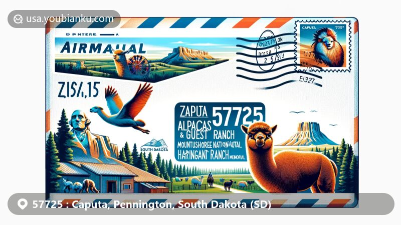 Modern illustration of Caputa, South Dakota, highlighting postal theme with ZIP code 57725, featuring Caputa Alpacas & Guest Ranch, Harrington Ranch, and Mount Rushmore National Memorial.