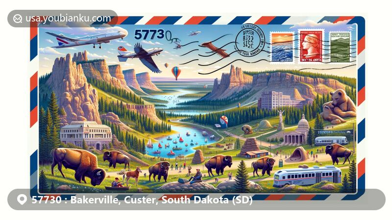 Artistic illustration of Bakerville, Custer, South Dakota, representing ZIP code 57730 with airmail envelope and scenic elements like Custer State Park, wildlife, and iconic landmarks.