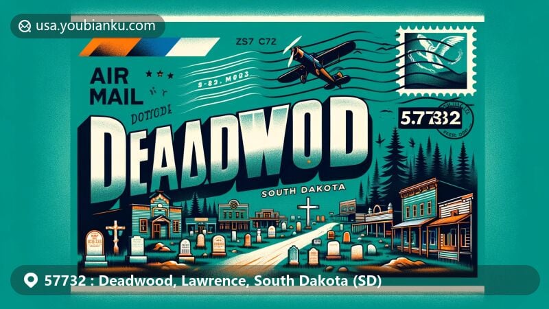 Modern illustration of Deadwood, South Dakota, featuring postal theme with ZIP code 57732, showcasing Mount Moriah Cemetery, Calamity Jane and Wild Bill Hickok's graves, Main Street, historic buildings, and Black Hills National Forest.