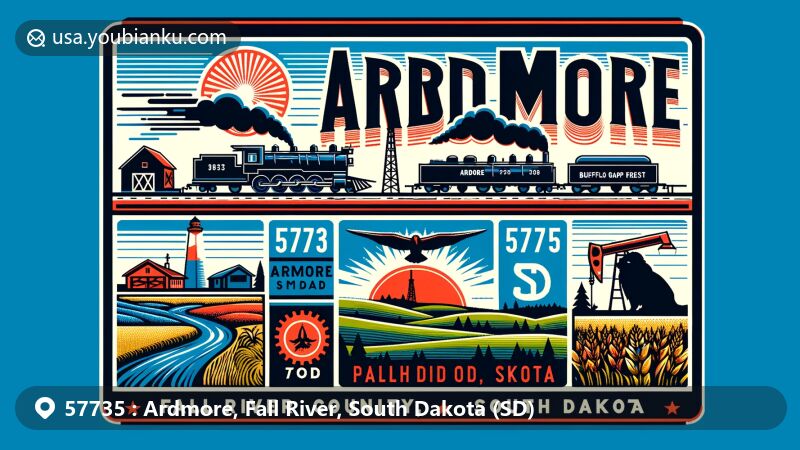Modern illustration of Ardmore, Fall River County, South Dakota, resembling a vintage postcard with symbolic representations of history and natural scenery, including a steam train, an oil derrick, agriculture elements, Black Hills National Forest, and Buffalo Gap National Grassland.