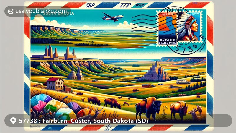 Modern illustration of Fairburn, Custer County, South Dakota, showcasing natural beauty and cultural characteristics, including Custer State Park wildlife, Crazy Horse Memorial, and Fairburn agates.