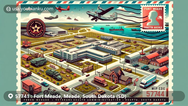 Modern illustration of Fort Meade, Meade County, South Dakota, featuring postal theme with ZIP code 57741, showcasing military buildings, hospital, National Guard facilities, and Sturgis Motorcycle Museum. Creative display of air mail envelope elements like stamp, postmark, mailbox, and mail van.