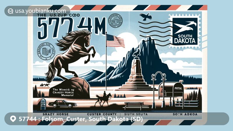 Modern illustration of Folsom, Custer County, South Dakota, featuring iconic landmarks like Crazy Horse Memorial and Black Elk Peak, with postal elements and South Dakota state flag.