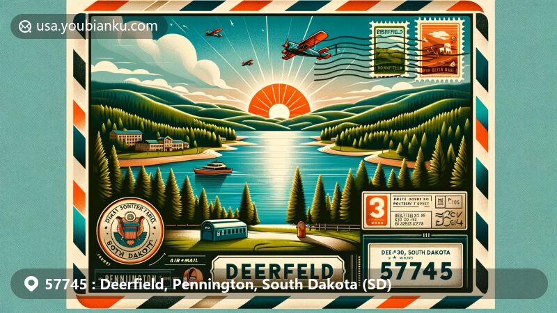 Modern illustration of Deerfield, Pennington County, South Dakota, featuring Deerfield Lake and vintage postal-themed elements with ZIP code 57745.