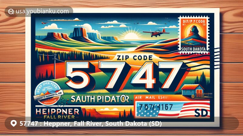 Modern illustration of Heppner, Fall River, South Dakota, showcasing postal theme with ZIP code 57747, featuring iconic South Dakota landscapes, Mount Rushmore, and postcard design.