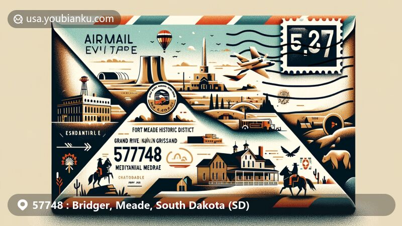 Illustration showcasing Bridger, Meade County, South Dakota ZIP Code 57748 with airmail envelope and Fort Meade National Historic District, featuring Grand River National Grassland and Cheyenne River Indian Reservation symbols.