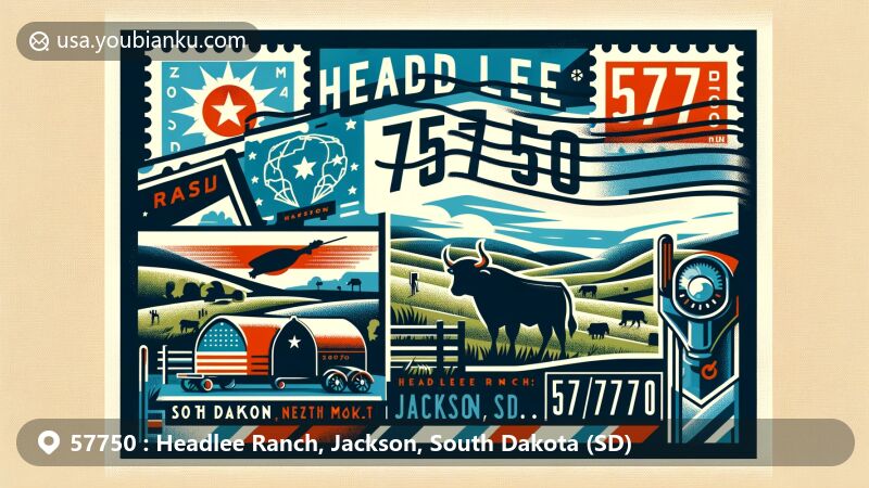 Modern illustration of Headlee Ranch, Jackson, South Dakota, with ZIP code 57750, showcasing ranching heritage and South Dakota state symbols.
