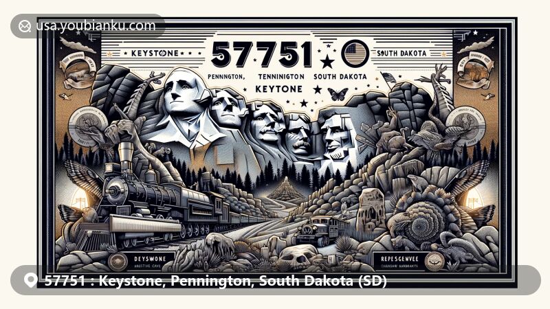 Modern illustration of Keystone, Pennington, South Dakota, highlighting the ZIP code 57751. Featuring Mount Rushmore National Memorial with illuminated faces of George Washington, Thomas Jefferson, Theodore Roosevelt, and Abraham Lincoln, surrounded by Wind Cave National Park, Black Hills National Forest, Reptile Gardens, 1880 Train, and Dahl’s Chainsaw Art. Incorporates South Dakota's state flag and Native American symbols.