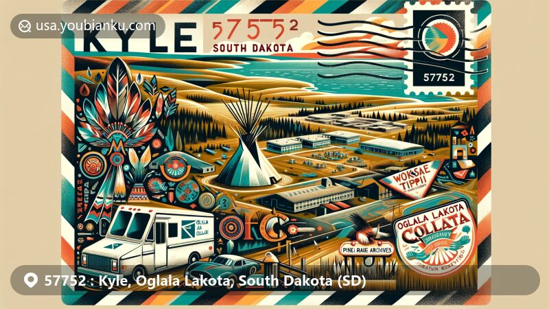 Modern illustration of Kyle, Oglala Lakota, South Dakota, representing ZIP Code 57752 with a creative air mail theme, showcasing Native American culture, education, and Pine Ridge Reservation.