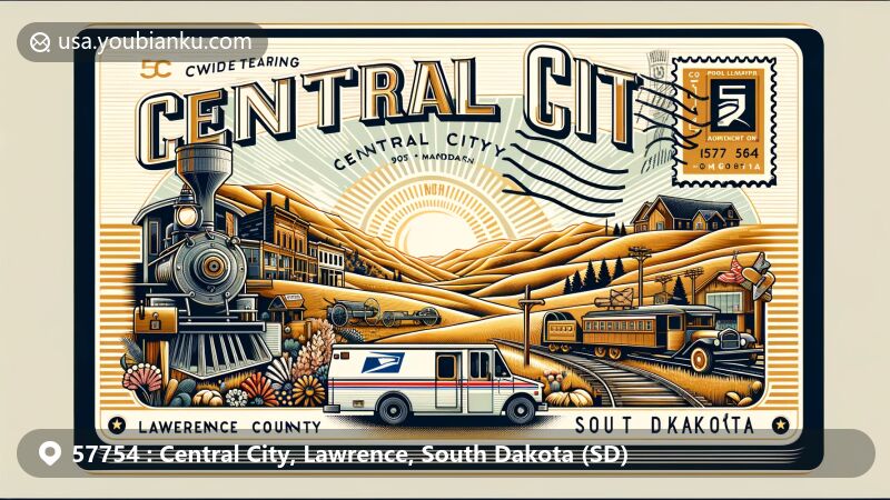 Creative illustration of Central City, Lawrence County, South Dakota, with a postal theme and gold mining history elements, highlighting ZIP Code 57754 and natural landscapes.