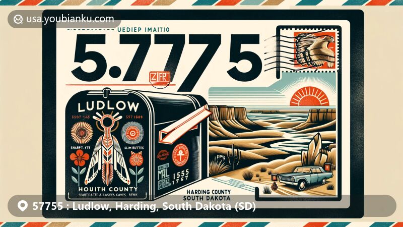 Modern illustration of Ludlow, Harding County, South Dakota, highlighting postal theme with ZIP code 57755, featuring Ludlow Cave, iconic landscapes, local flora, fauna, and vintage postal elements.