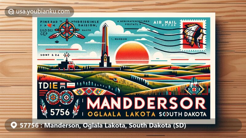 Modern illustration of Manderson, Oglala Lakota, South Dakota, featuring Pine Ridge Reservation, Native American heritage, and postal theme with ZIP code 57756.