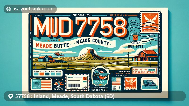 Modern illustration of Mud Butte, Meade County, South Dakota, featuring U.S. ZIP code 57758 on a postal-themed design with local landmarks and cultural elements.