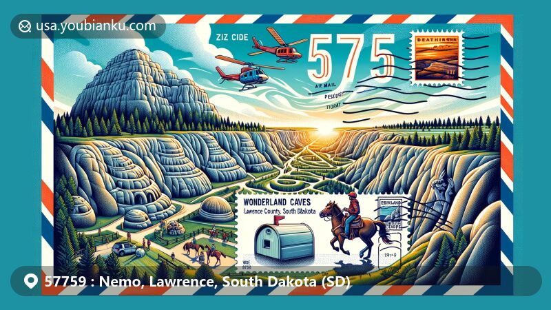 Modern illustration of Nemo, Lawrence County, South Dakota, featuring Wonderland Caves, Rock Maze, and horseback riding, with postal elements like stamps, postmark, and mailbox.