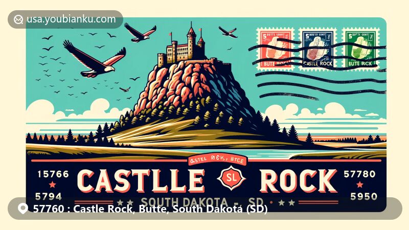 Modern illustration of Castle Rock Butte, Butte County, South Dakota, resembling a castle on a hill with airmail postcard showing ZIP code 57760 and 'Castle Rock, SD,' stamps, and postmark.