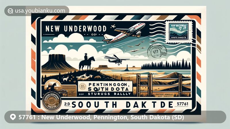 Contemporary illustration of New Underwood, Pennington County, South Dakota, showcasing postal theme with ZIP code 57761, featuring Black Hills, Badlands, and Sturgis Rally.