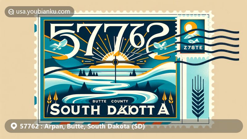 Illustration of Arpan, Butte County, South Dakota, with ZIP code 57762, featuring South Dakota state flag and Arpan Lateral canal in a postcard format.