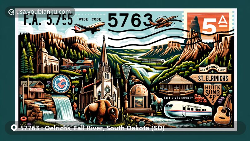 Modern illustration of Oelrichs, Fall River County, South Dakota, with St. Martin's Catholic Church, Mammoth Site, Black Hills National Forest, and postal elements like airmail envelope and postage stamp with ZIP code 57763.