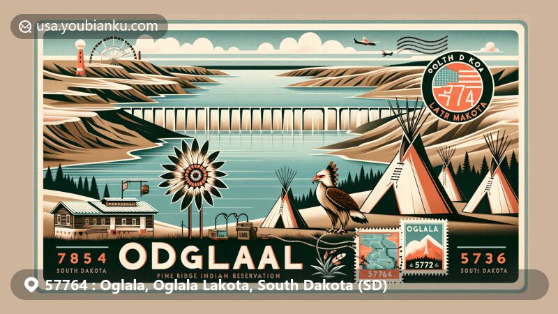 Modern illustration of Oglala, South Dakota, showcasing postal theme with ZIP code 57764, featuring Oglala Dam, Oglala Lake, traditional teepees, and symbols of Oglala Lakota Living History Village.